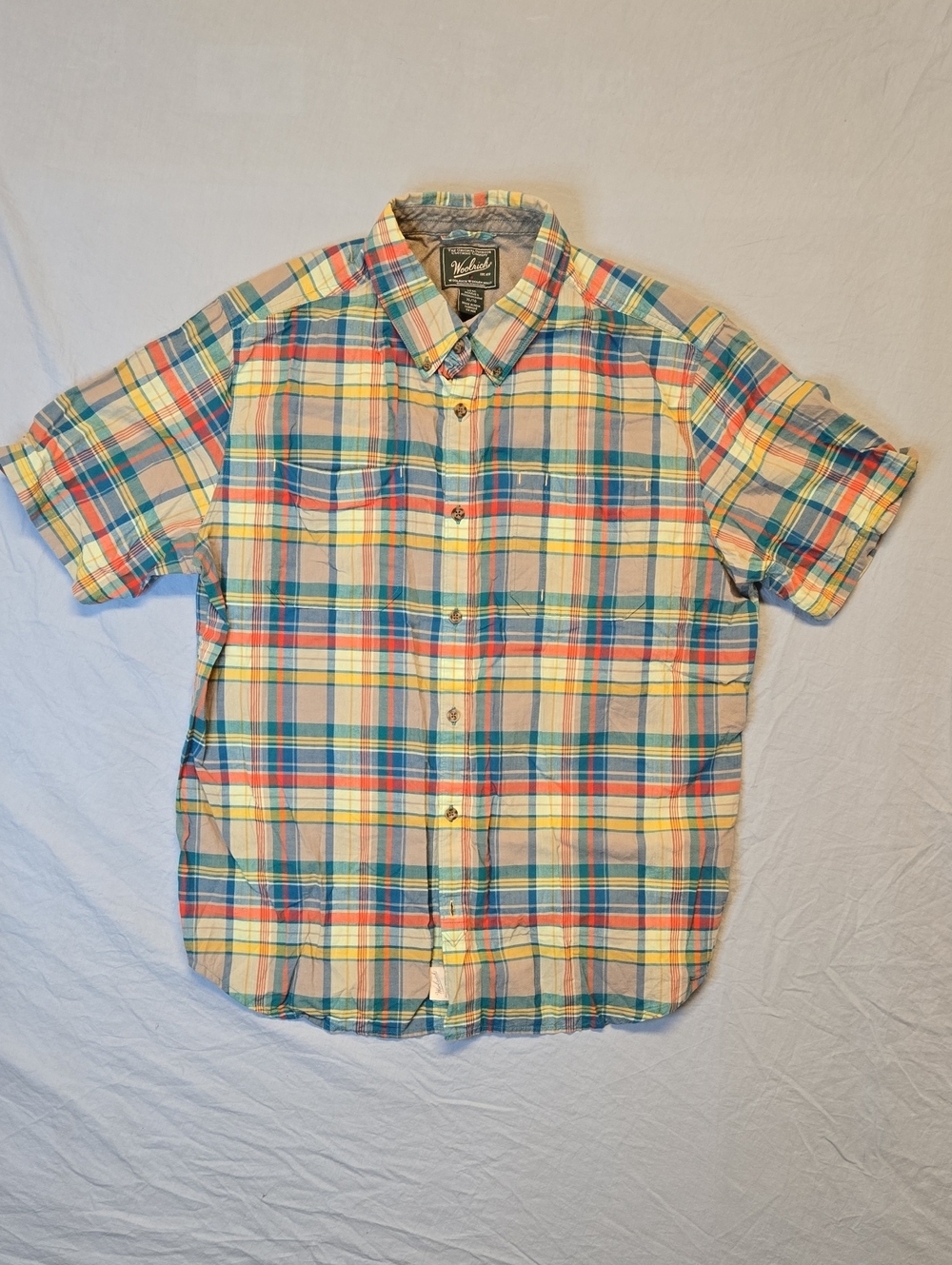 Woolrich Short Sleeve Plaid Button Down Casual Shirt in Blue, Yellow & Red